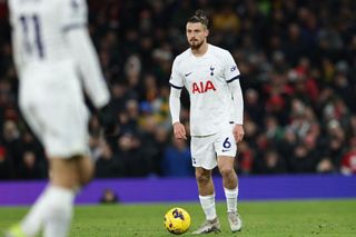 Tottenham Hotspur defender Radu Dragusin makes his debut for the club against Manchester United in January 2024.
