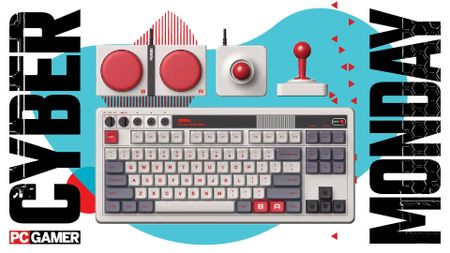 An 8BitDo keyboard and joysticks and buttons on a Cyber Monday background