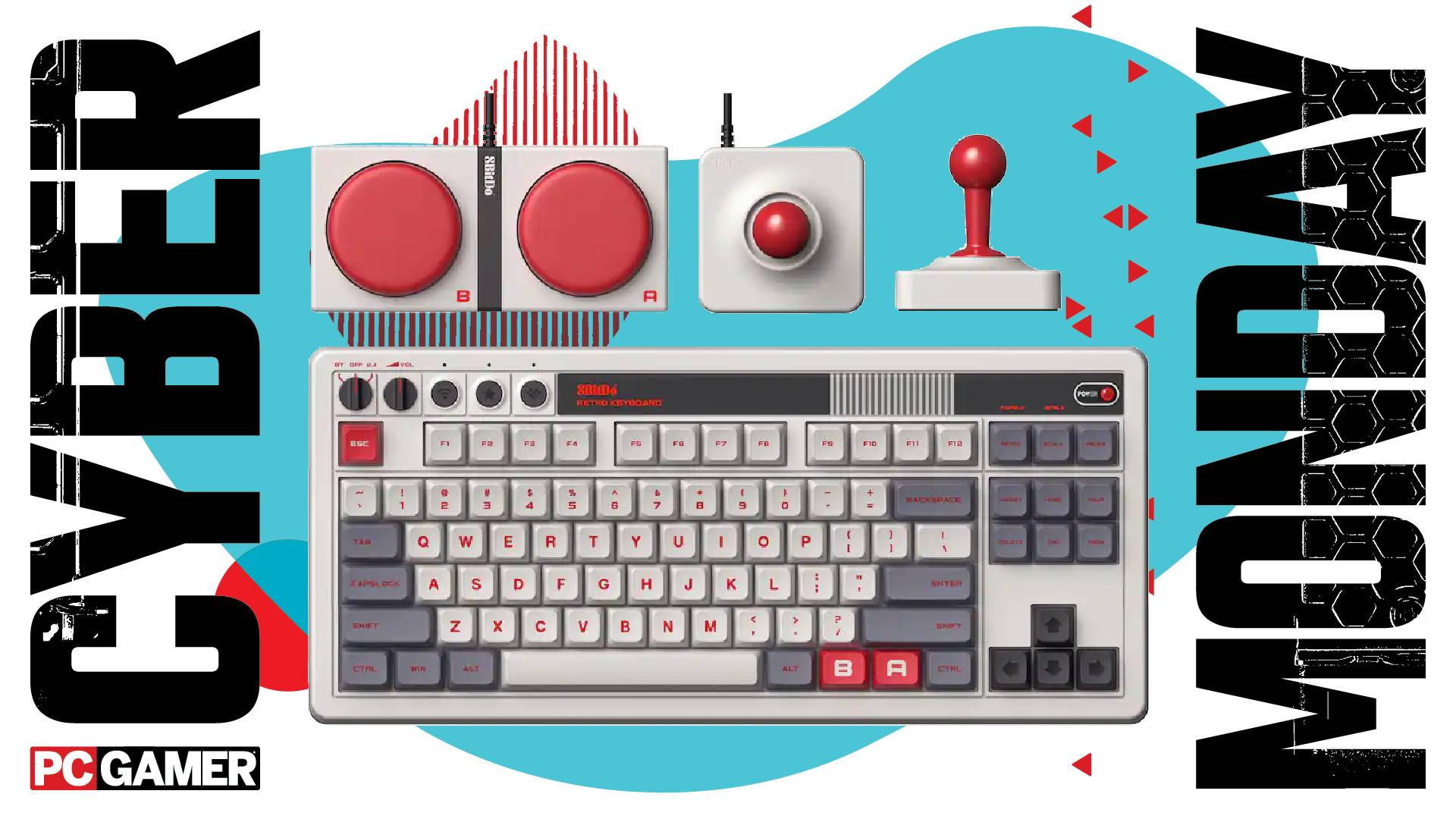 An 8BitDo keyboard and joysticks and buttons on a Cyber Monday background