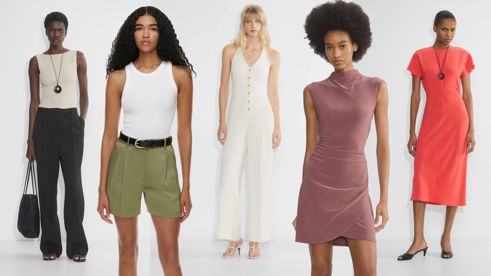 Collage of models wearing aritzia Babaton Sculpt Knit Leading Top, The Effortless Short™ Satin, Wilfred Cruiselinen™ Upscale Jumpsuit, Wilfred Smooth Matter™ Boulevard Dress, Babaton Futurist Dress, on light grey background