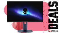 Alienware AW2525HM gaming monitor on a pink deals background