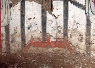 The north wall of the tomb has a mural that shows four cranes along with what archaeologists identify as an empty couch.