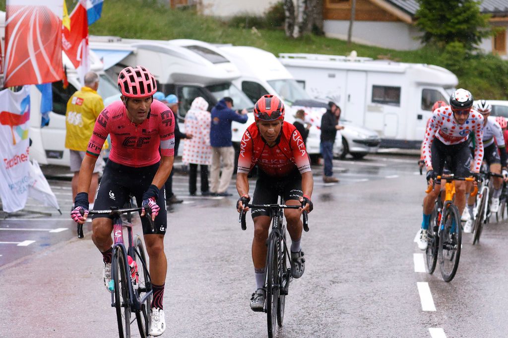 TIGNES FRANCE JULY 04 Ruben Guerreiro of Portugal and Team EF Education Nippo Nairo Quintana of Colombia and Team Arka Samsic Wout Poels of The Netherlands and Team Bahrain Victorious Polka Dot Mountain Jersey during the 108th Tour de France 2021 Stage 9 a 1449km stage from Cluses to Tignes Monte de Tignes 2107m LeTour TDF2021 on July 04 2021 in Tignes France Photo by Chris GraythenGetty Images