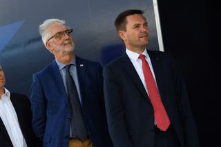 UCI President Brian Cookson with challenger David Lappartient at the podium ceremony