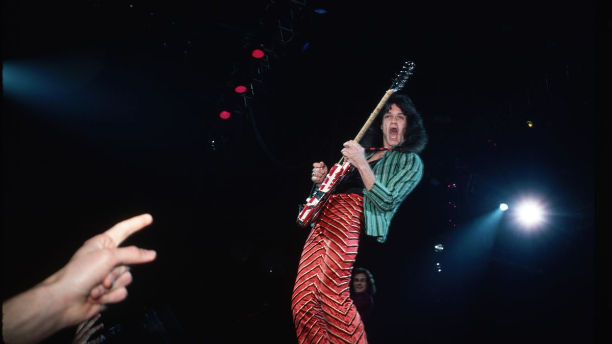 Eddie Van Halen on stage performing. Photograph, 1978