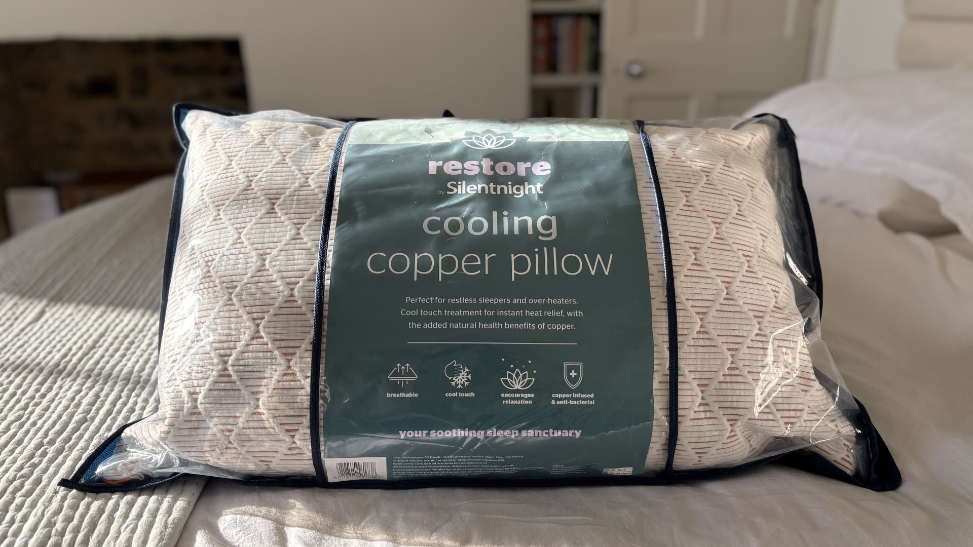 Silentnight Restore Cooling Copper Pillow on the bed during testing