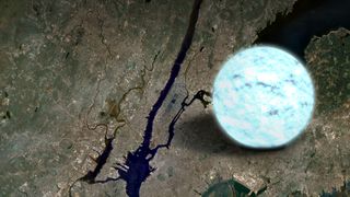 A bright white and blue sphere next to an aerial view of Manhattan.