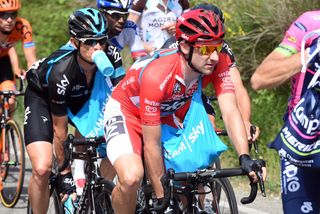 Elia Viviani's red skinsuit on stage six of the 2015 Tour of Italy (Watson)