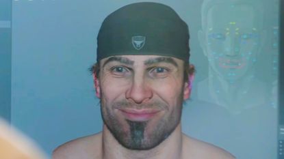 A screencap from the Gears of War: E-Day Direct showing a 3D model of main character Marcus Fenix's face.