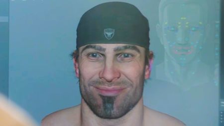 A screencap from the Gears of War: E-Day Direct showing a 3D model of main character Marcus Fenix's face.