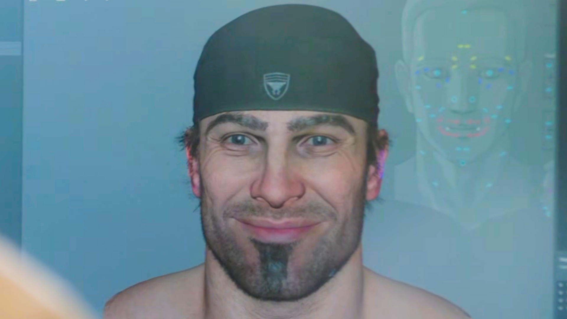 A screencap from the Gears of War: E-Day Direct showing a 3D model of main character Marcus Fenix's face.