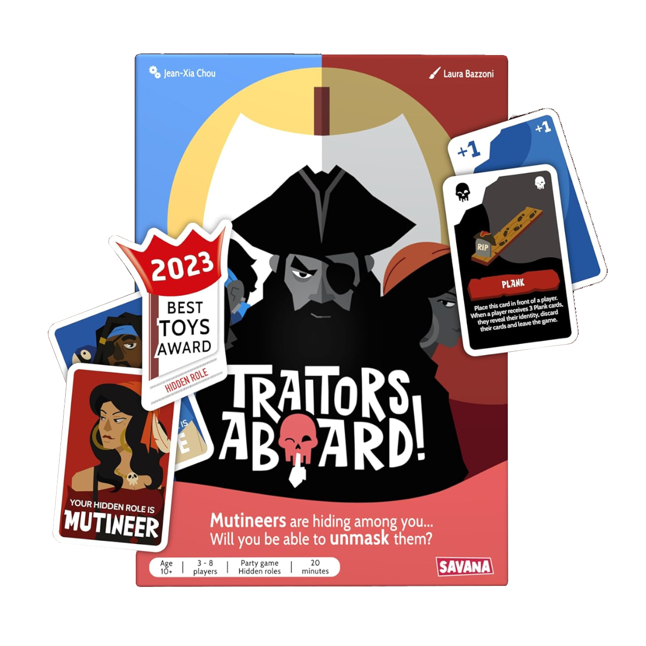 Traitors Aboard box, cards, and award badge on a plain background