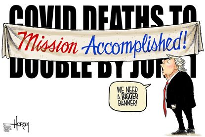 Political Cartoon U.S. Trump mission accomplished coronavirus deaths