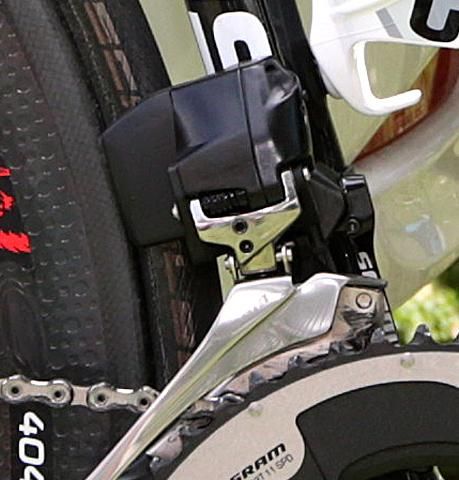 A close up of the SRAM wireless front gear and battery