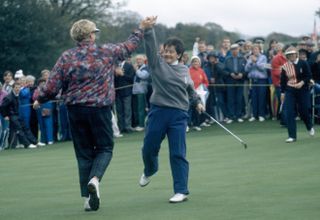 Laura Davies and Alison Nicholas celebrate a winning putt at the 1992 Solheim Cup