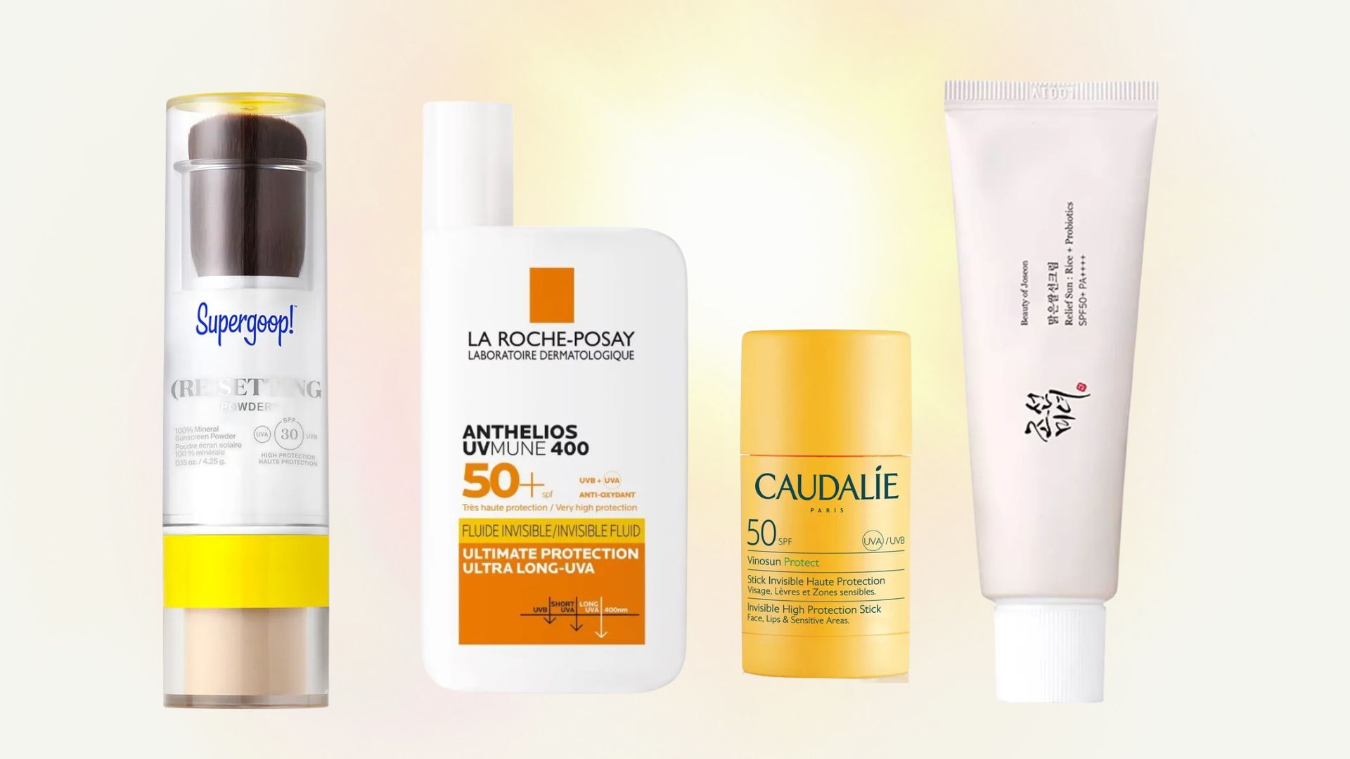 supergoop sunscreen, la roche posay sunscreen, caudalie sunscreen and beauty ofjoseon sunscreen