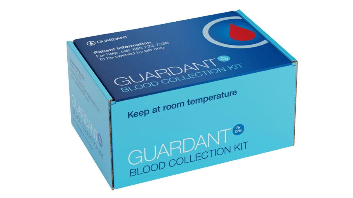 A blue box labeled &quot;Guardant blood collection kit&quot; that contains a blood test