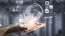 Hands held out palms up with business analytics graphics overlayed above them