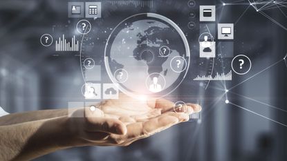 Hands held out palms up with business analytics graphics overlayed above them