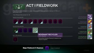 Destiny 2 Revenant Major Fieldwork completed