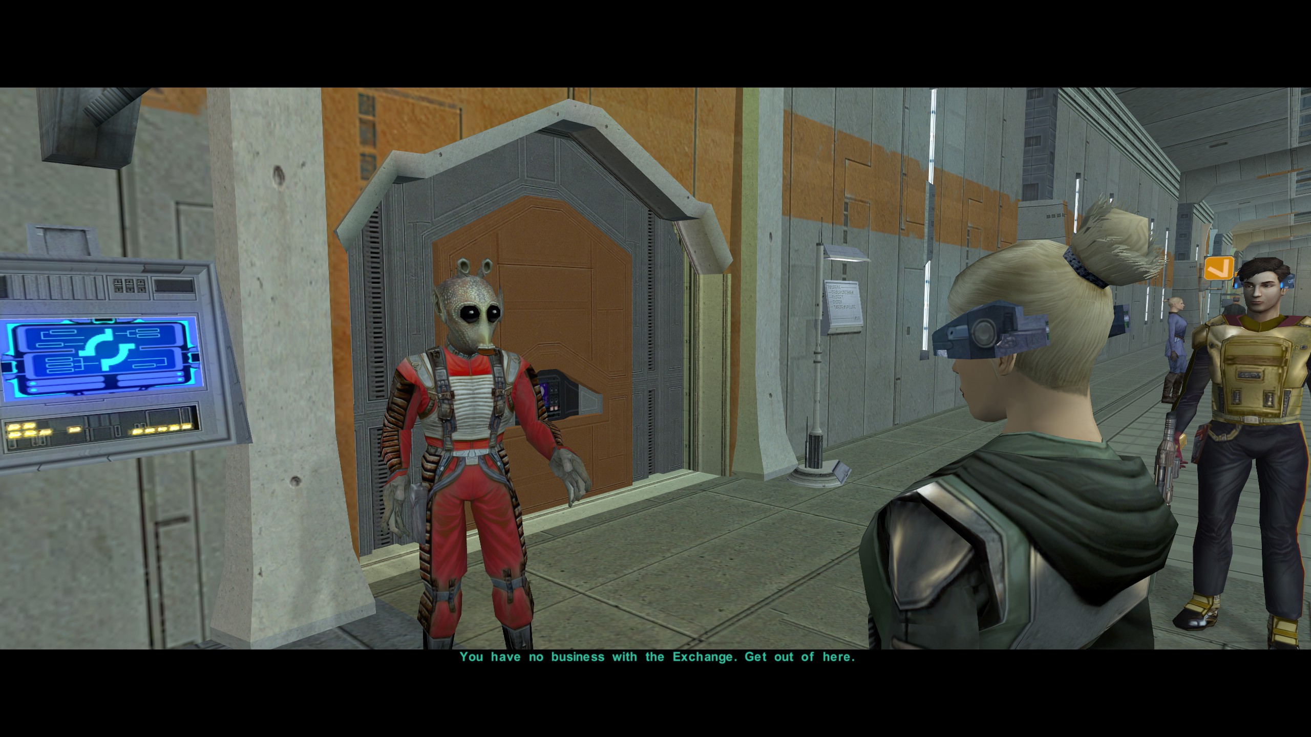 Main character of Star Wars Knights of the Old Republic II interacting with an alien species using subtitles