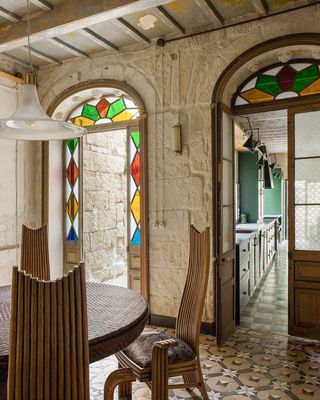 a rustic property with stained glass