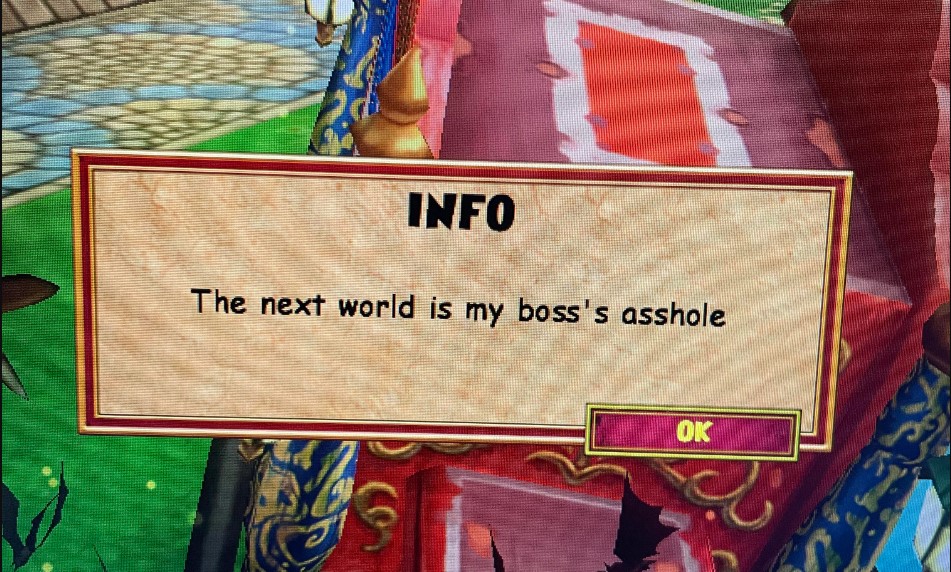 Wizard101 server message reading "The next world is my boss's asshole"