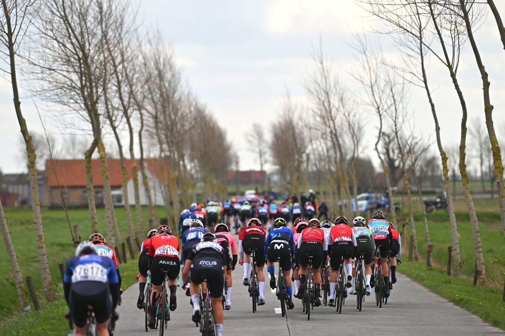 WEVELGEM BELGIUM MARCH 24 A general view of the peloton competing during the 13rd GentWevelgem in Flanders Fields 2024 Womens Elite a 1712km one day race from Ieper to Wevelgem UCIWWT on March 24 2024 in Wevelgem Belgium Photo by Luc ClaessenGetty Images