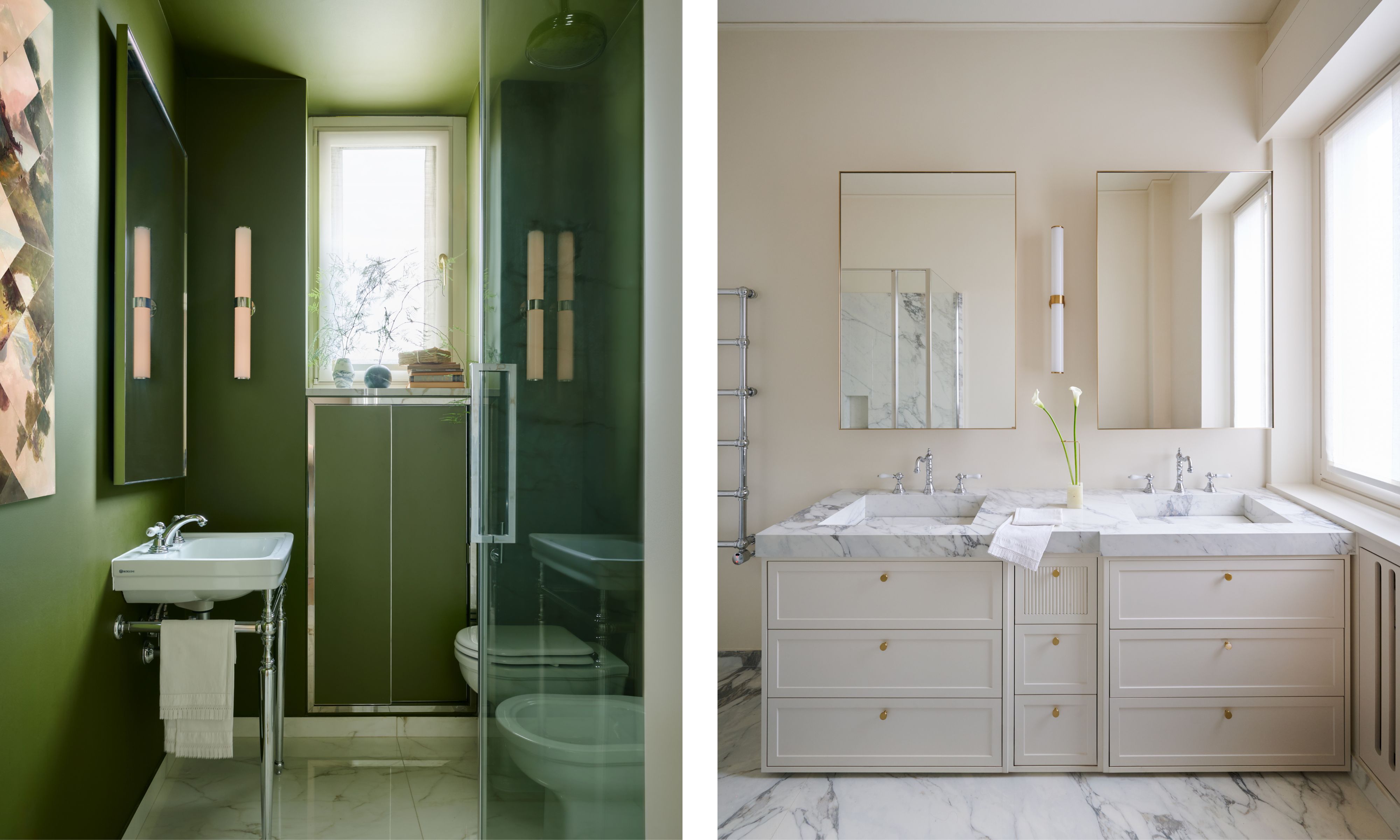 two side by side bathrooms in a Milanese apartment, one drenched in green, one in soft pink