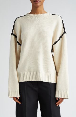 Shell Stitch Trim Wool, Cashmere & Cotton Sweater