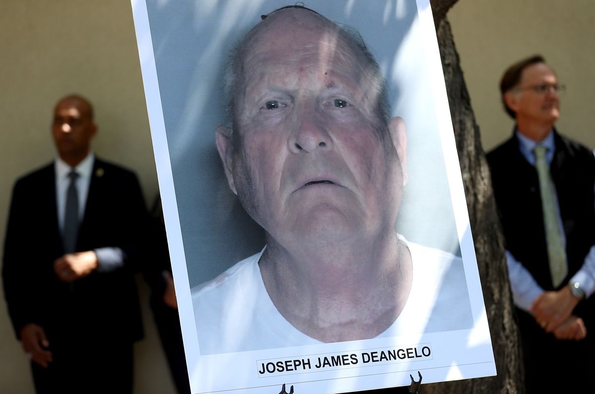 A photo of accused rapist and killer Joseph James DeAngelo is displayed during a news conference on April 25, 2018, in Sacramento, California.