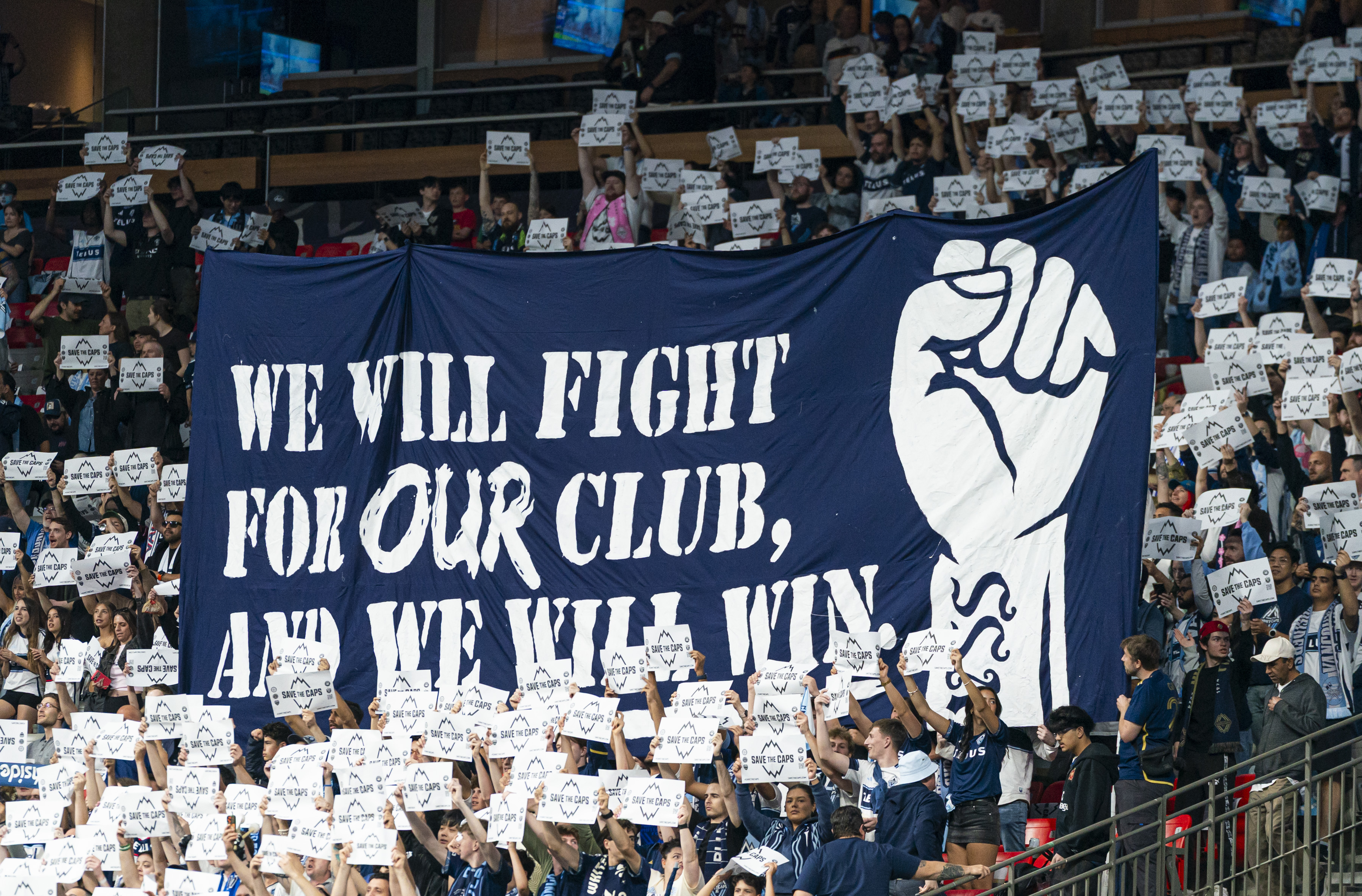 Vancouver Whitecaps protest against the potential relocation of their club on the street and in the stadium as part of the Save The Caps movement
