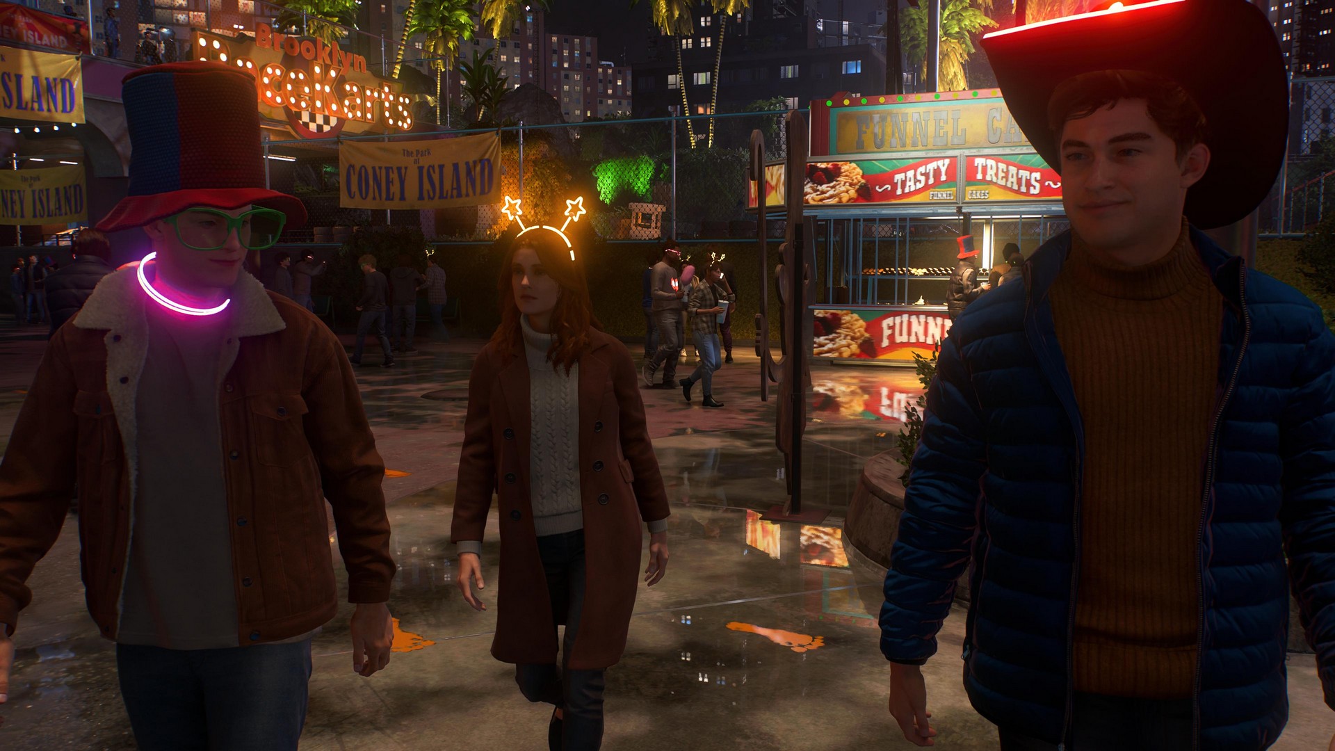 Harry, Mary-Jane, and Peter walk through a funfair in Marvel's Spider-Man 2 with glowing accessories
