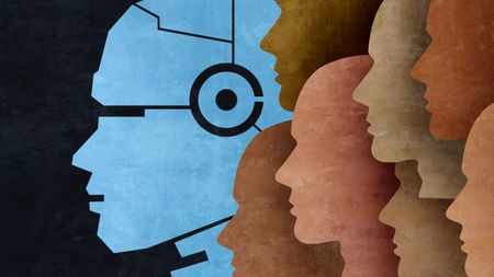 AI Robot Team Assistant Service and Chatbot agent or Robotic Automation, conceptual illustration. Robot head shape in background amongst others head shapes behind.