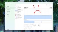 Windows 11 Task Manager showing 11 GB RAM use with a sad face drawn on top