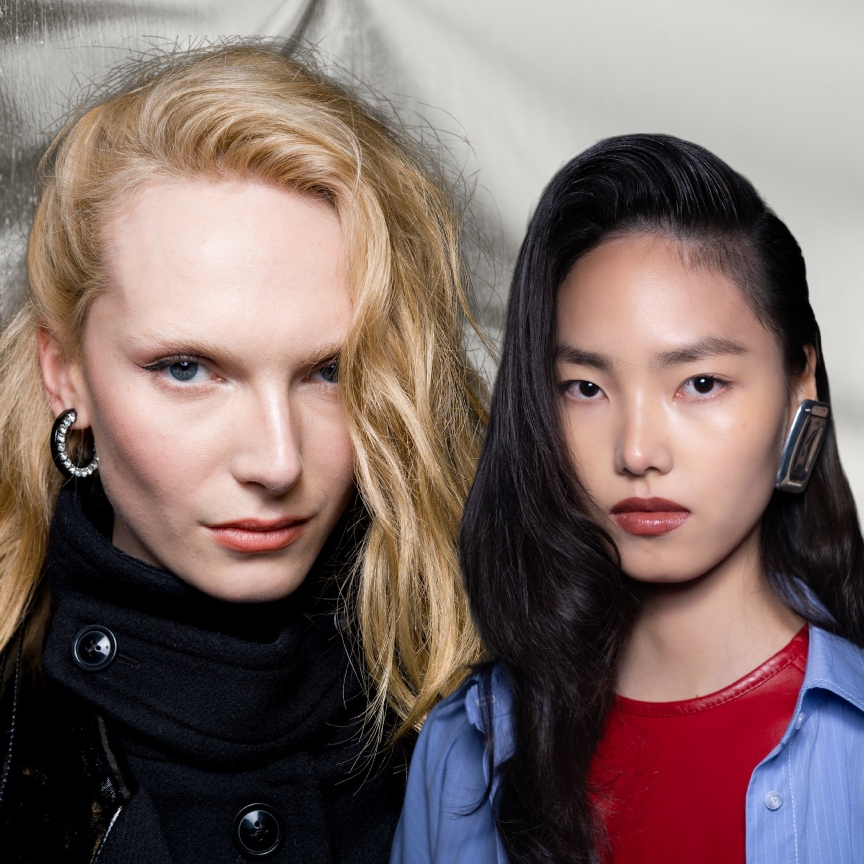 two women with fine hair with lots of volume on a silver background