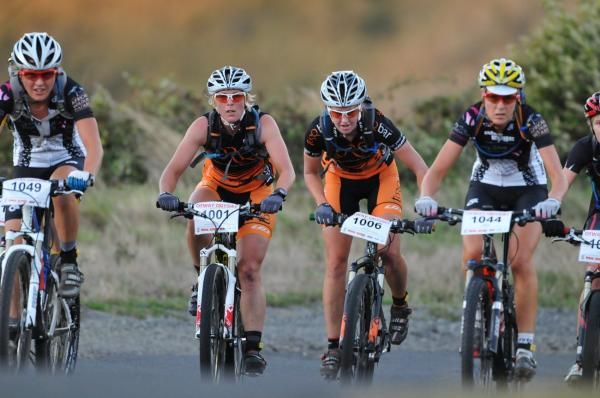 Rebecca Locke, Katherine O'Shea, Joanna Wall and Naomi Hansen (L-R) ride up Busty Road.