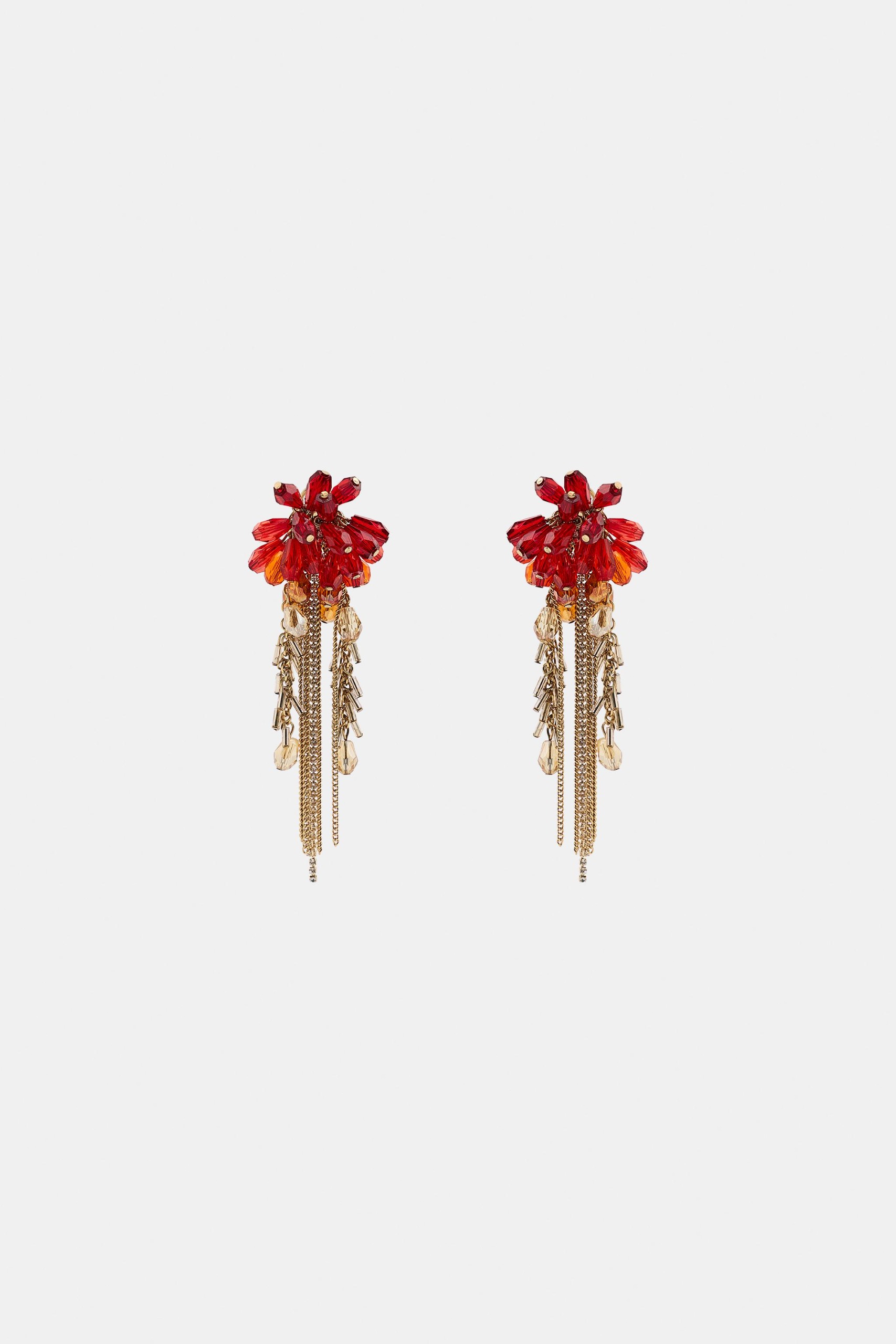 Crystal Fringe Earrings - Red - M