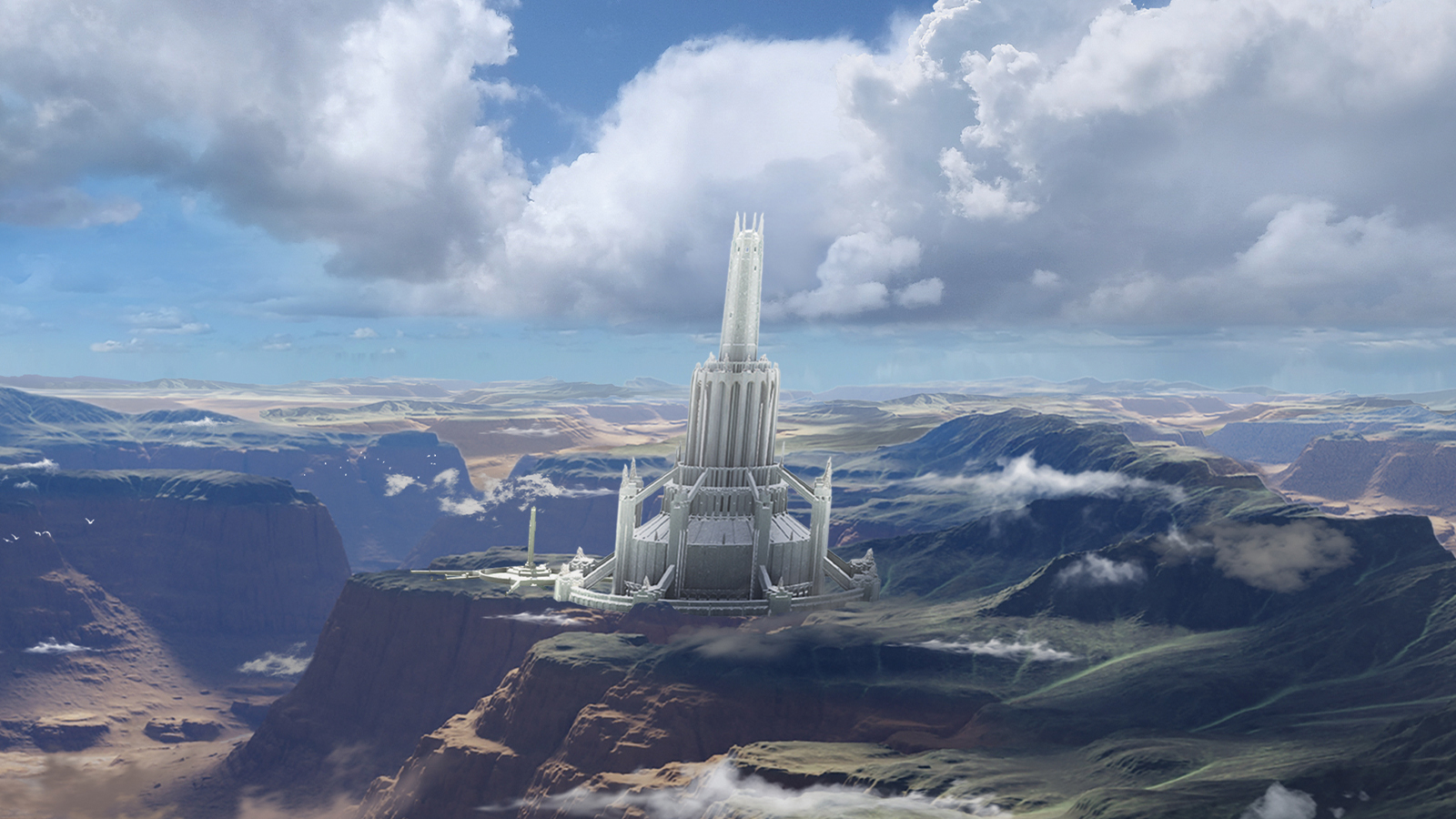 A 3D render of a fantasy landscape, a castle and canyon