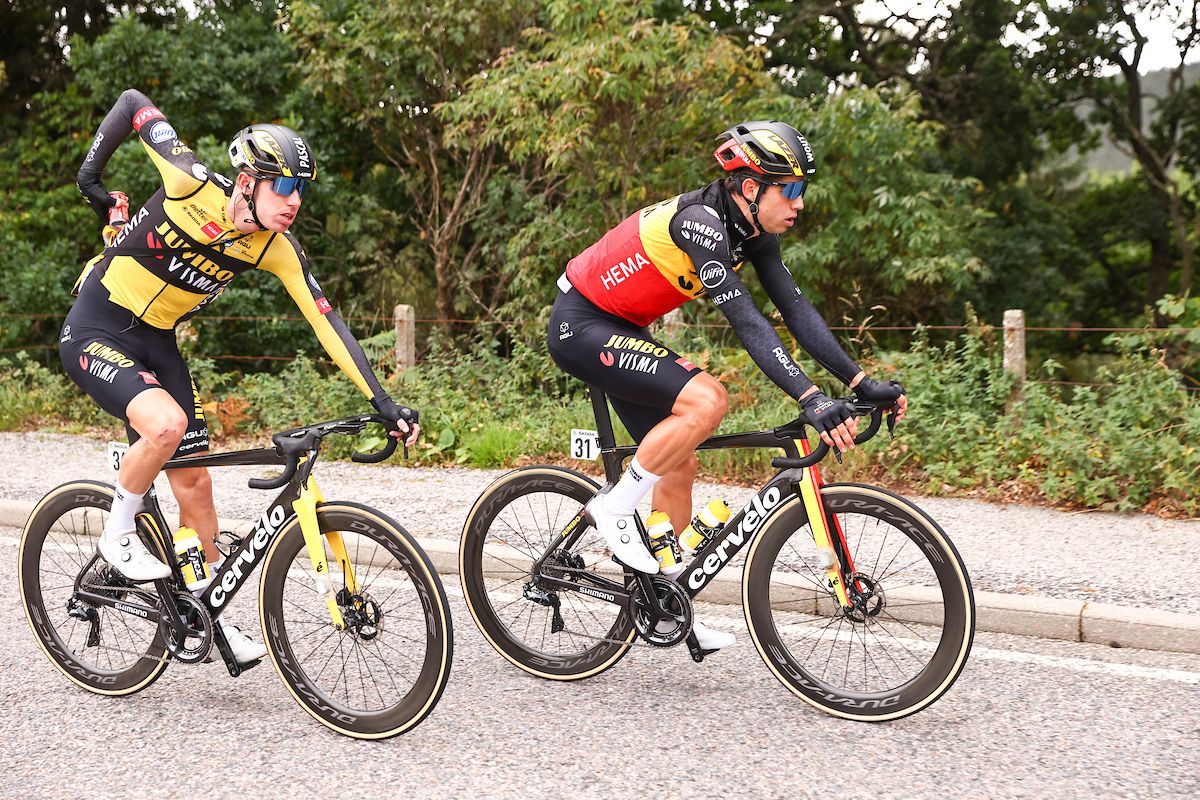 Picture by SWpix.com - 12/09/2021 - Cycling - AJ Bell Tour of Britain Stage 8 - Stonehaven to Aberdeen, Scotland - Jumbo Visma's Pascal Eenkhoorn &amp; Wout van Aert.