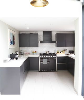 U-shaped kitchen ideas example in dark gray with white flooring, countertops and walls.