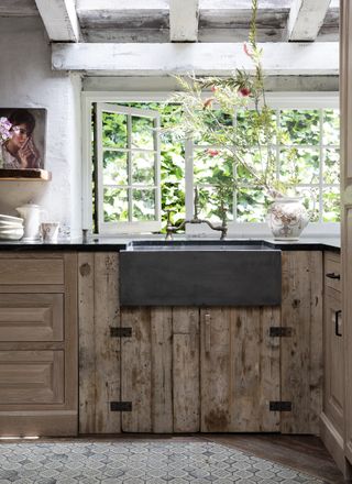 kitchen with rustic wood under sink unit