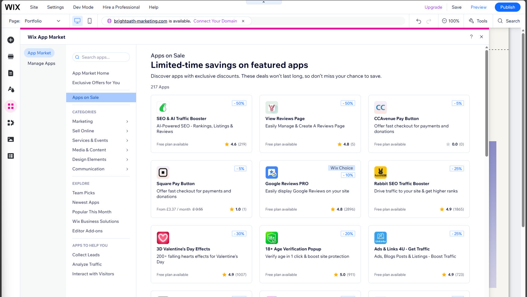 Wix App Market: Adding third-party apps such as the Social Feed app.
