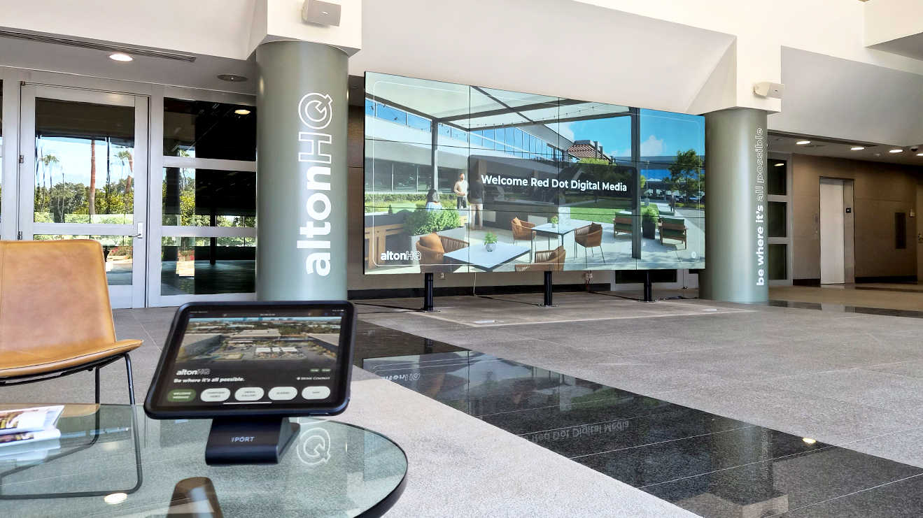 A massive, interactive video wall enhances the experience in this sparkling lobby. 