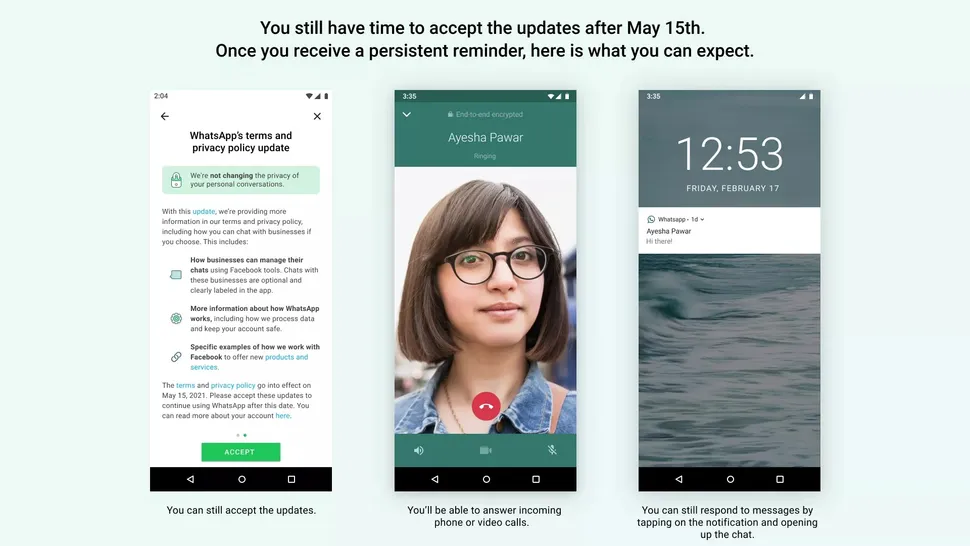 Penjelasan soal pembatasan fungsi akun apabila pengguna tak menyetujui berlakunya kebijakan privasi baru WhatsApp pada 15 Mei 2021.