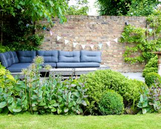 seating area in garden with evergreen landscaping