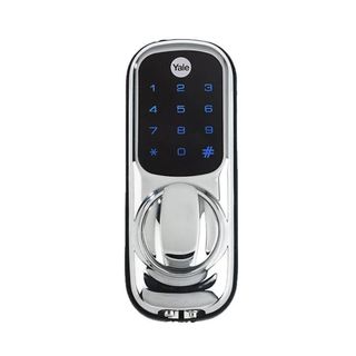 Silver smart lock with a silver bolt and a black keypad