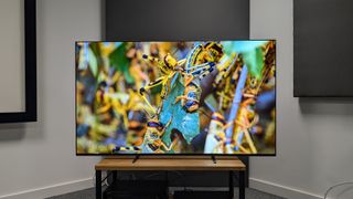 Sony Bravia 8 65-inch OLED TV in corner of testing room on wooden AV rack with insects on screen