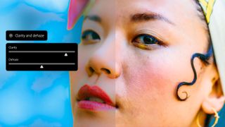 A split-screen comparison of a person's face showing the effect of "Clarity and dehaze" sliders in a photo editing interface.