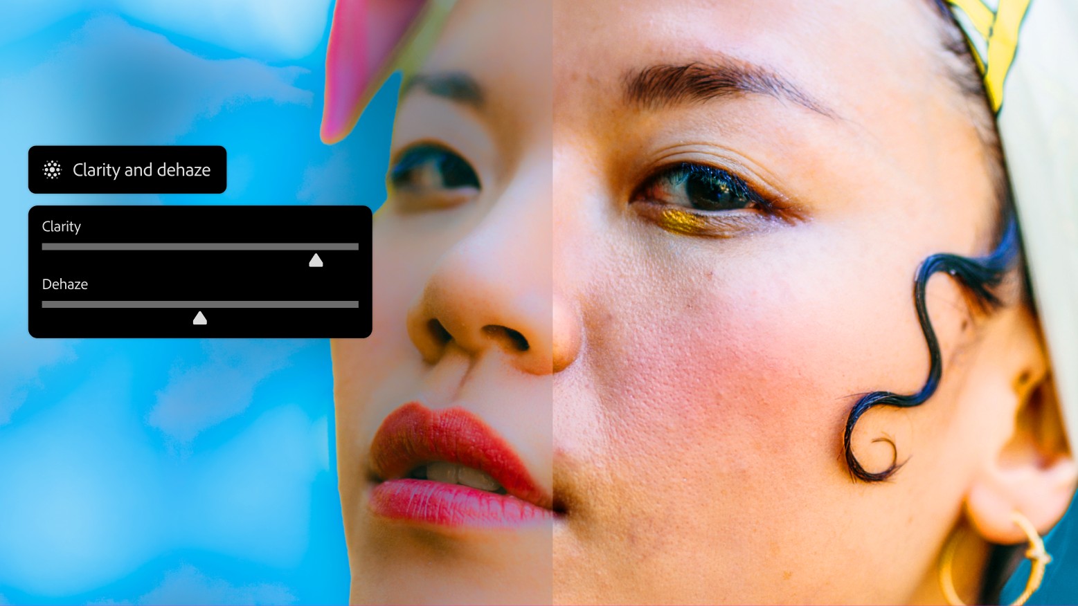A split-screen comparison of a person's face showing the effect of "Clarity and dehaze" sliders in a photo editing interface.